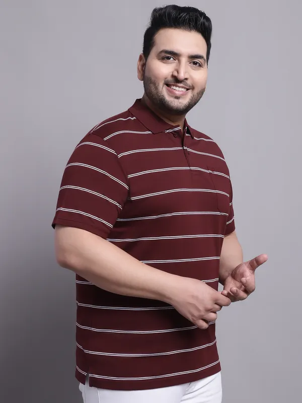 Men_Plus_Size_Striped_Polo_Neck_Cotton_Wine_T-Shirt_With_Pocket