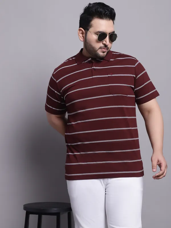 Men_Plus_Size_Striped_Polo_Neck_Cotton_Wine_T-Shirt_With_Pocket