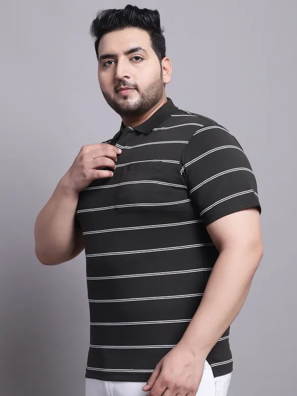 Men_Plus_Size_Striped_Polo_Neck_Cotton_Olive_T-Shirt_With_Pocket