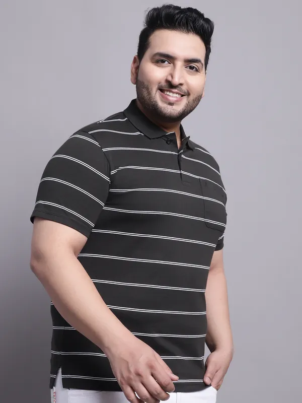 Men_Plus_Size_Striped_Polo_Neck_Cotton_Olive_T-Shirt_With_Pocket