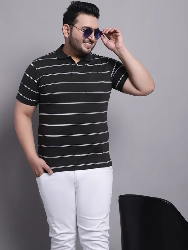 Men_Plus_Size_Striped_Polo_Neck_Cotton_Olive_T-Shirt_With_Pocket