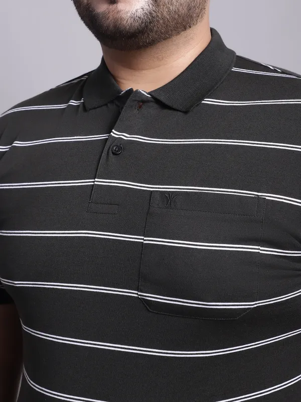Men_Plus_Size_Striped_Polo_Neck_Cotton_Olive_T-Shirt_With_Pocket