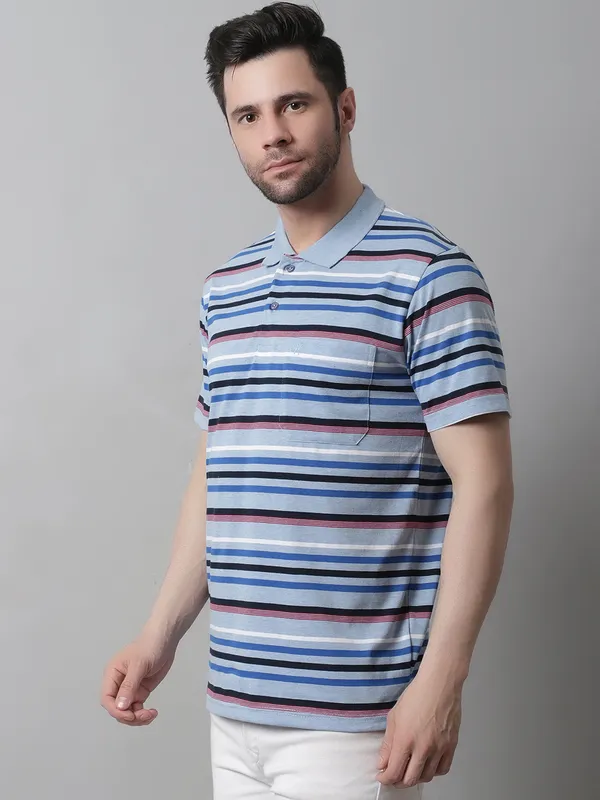 Men_Striped_Polo_Neck_Cotton_Sky_T-Shirt_With_Pocket