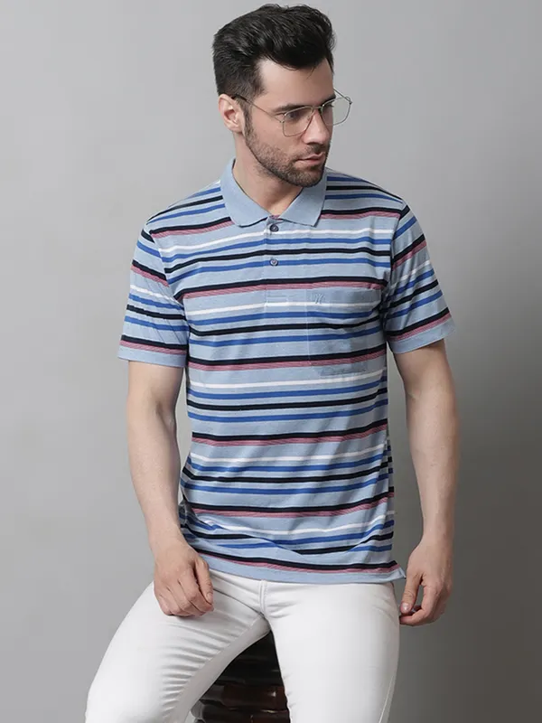 Men_Striped_Polo_Neck_Cotton_Sky_T-Shirt_With_Pocket