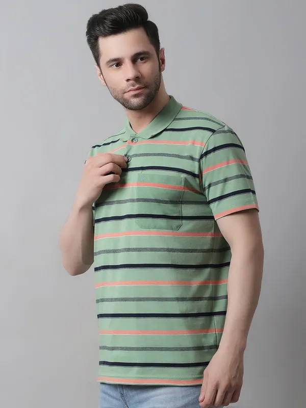 Men_Striped_Polo_Neck_Cotton_Green_T-Shirt_With_Pocket