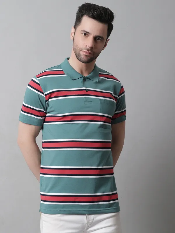 Men_Striped_Polo_Neck_Cotton_Blend_Green_T-Shirt_With_Pocket