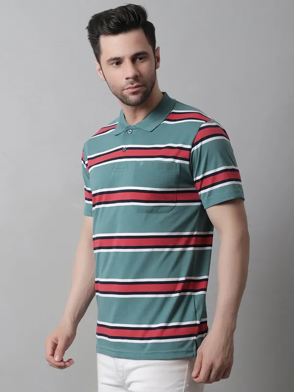 Men_Striped_Polo_Neck_Cotton_Blend_Green_T-Shirt_With_Pocket