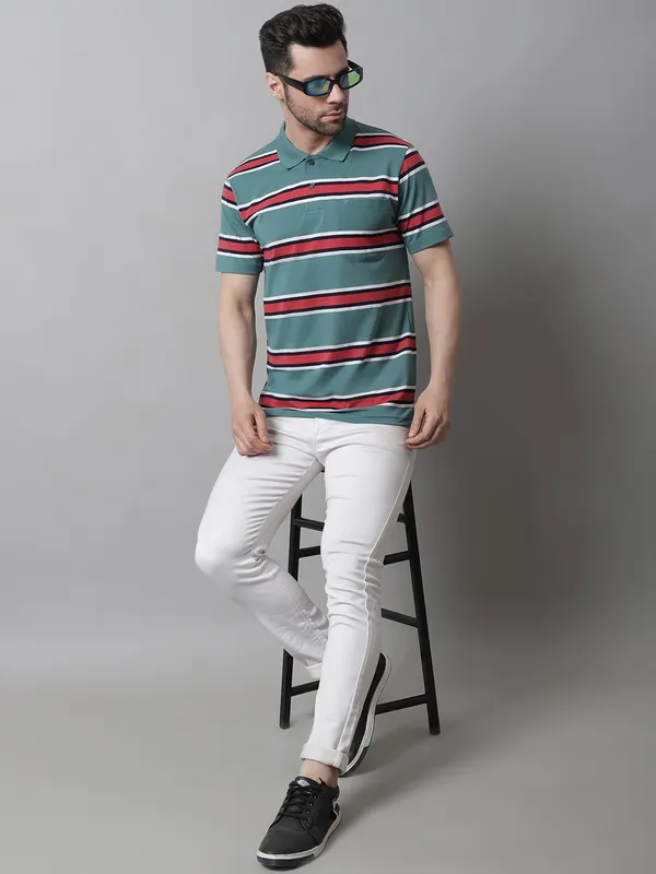 Men_Striped_Polo_Neck_Cotton_Blend_Green_T-Shirt_With_Pocket