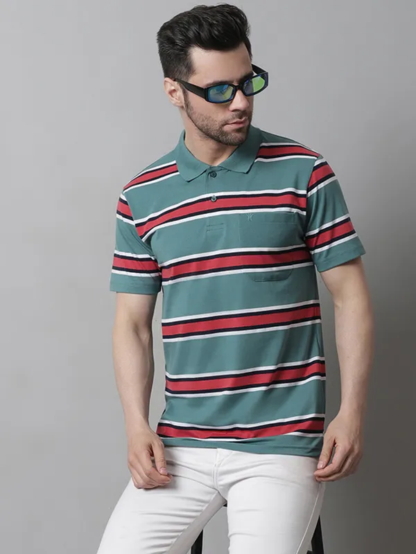 Men_Striped_Polo_Neck_Cotton_Blend_Green_T-Shirt_With_Pocket