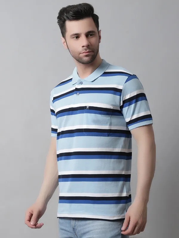 Men_Striped_Polo_Neck_Cotton_Blend_Blue_T-Shirt_With_Pocket
