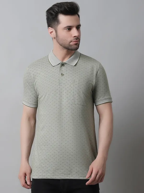 Men_Self_Design_Polo_Neck_Olive_T-Shirt_With_Pocket