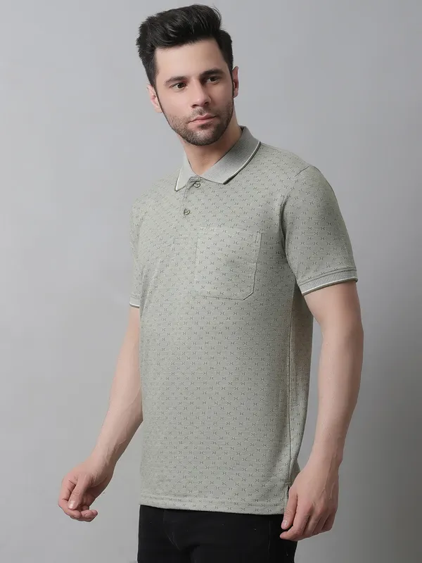 Men_Self_Design_Polo_Neck_Olive_T-Shirt_With_Pocket