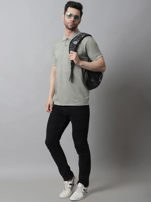 Men_Self_Design_Polo_Neck_Olive_T-Shirt_With_Pocket