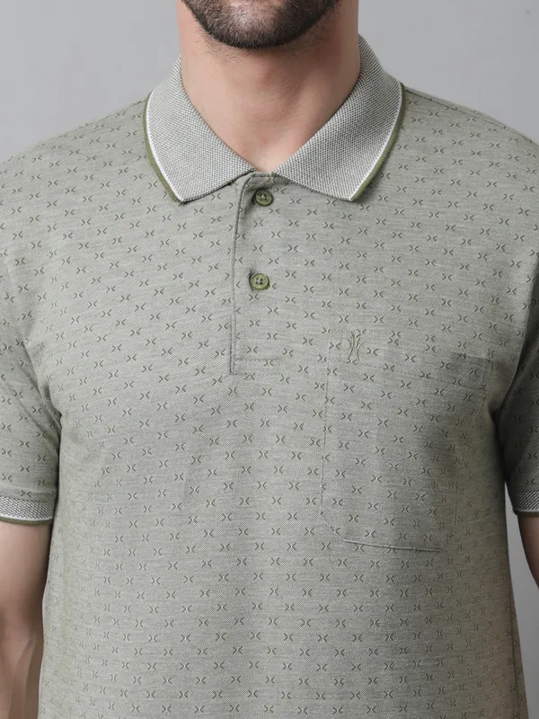 Men_Self_Design_Polo_Neck_Olive_T-Shirt_With_Pocket