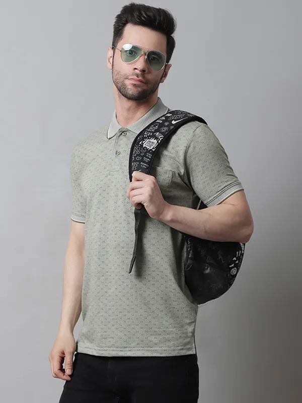 Men_Self_Design_Polo_Neck_Olive_T-Shirt_With_Pocket