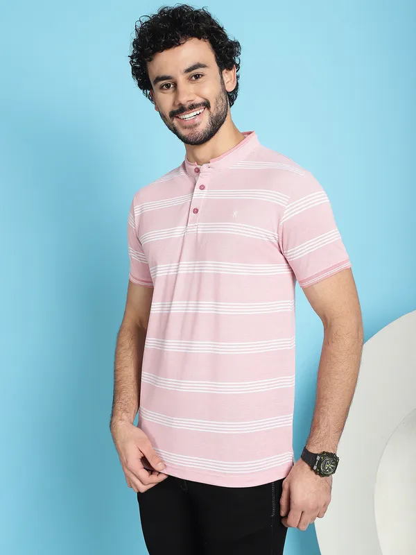 Venitian_Men_Henley_Neck_Striped_Cotton_Pink_T-Shirt