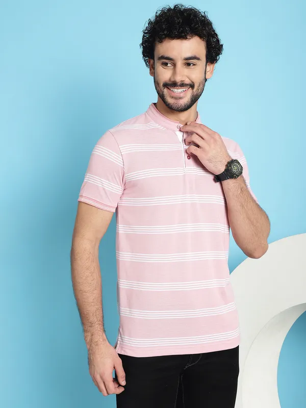 Venitian_Men_Henley_Neck_Striped_Cotton_Pink_T-Shirt