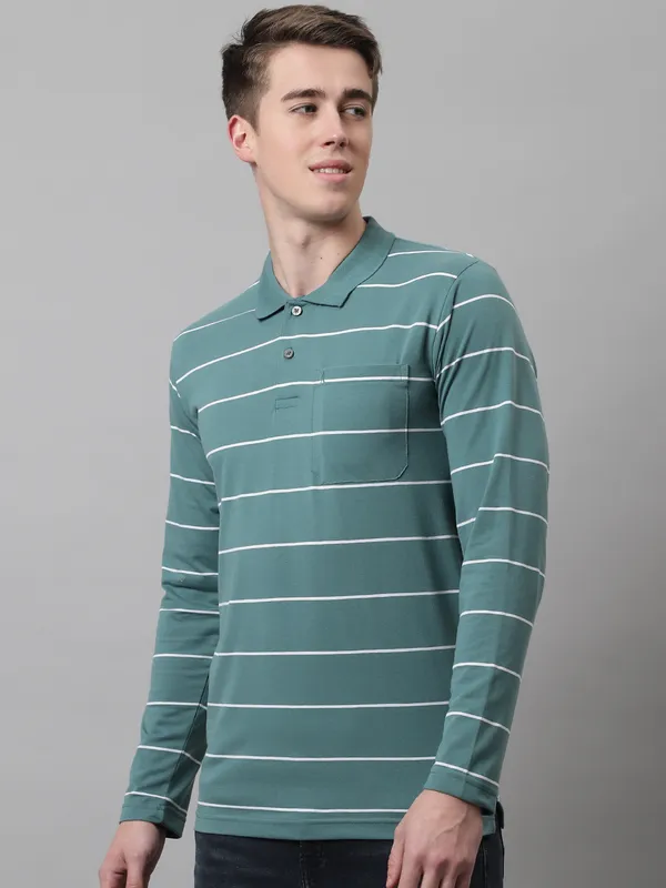 Men_Striped_Polo_Neck_Full_Sleeves_Green_T-Shirt_With_Pocket