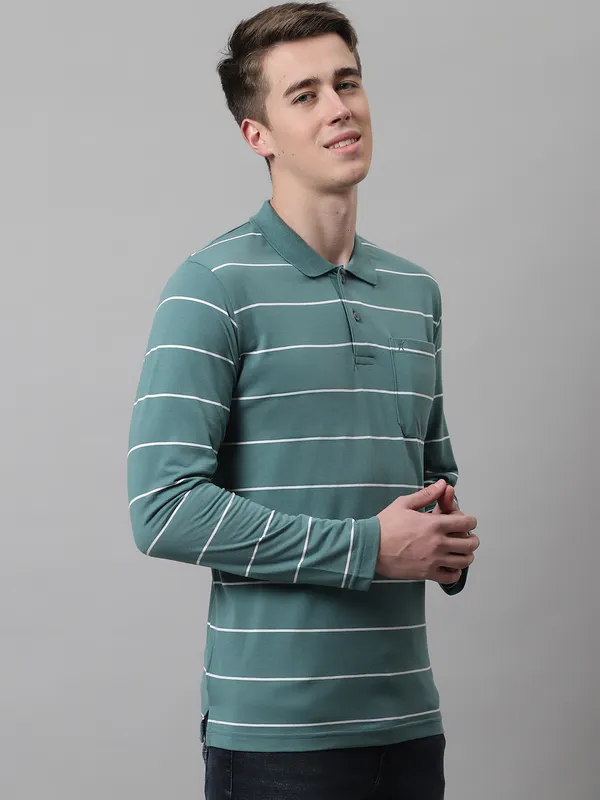 Men_Striped_Polo_Neck_Full_Sleeves_Green_T-Shirt_With_Pocket