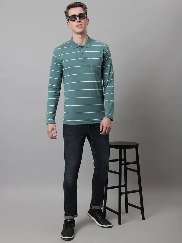 Men_Striped_Polo_Neck_Full_Sleeves_Green_T-Shirt_With_Pocket