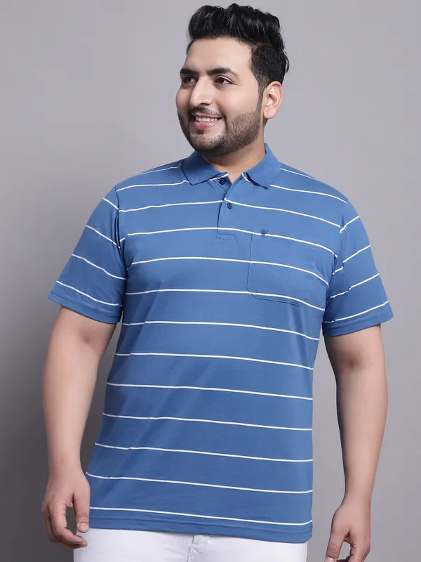 Men_Plus_Size_Striped_Polo_Neck_Cotton_Blue_T-Shirt_With_Pocket