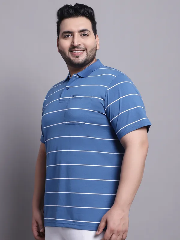 Men_Plus_Size_Striped_Polo_Neck_Cotton_Blue_T-Shirt_With_Pocket