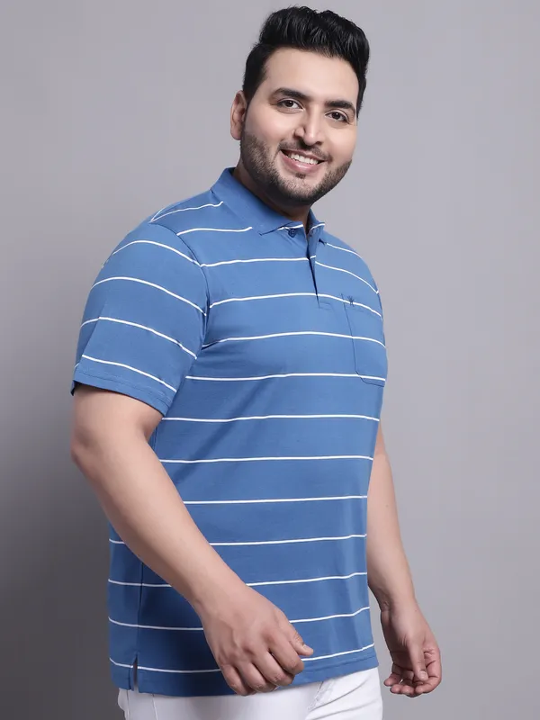 Men_Plus_Size_Striped_Polo_Neck_Cotton_Blue_T-Shirt_With_Pocket