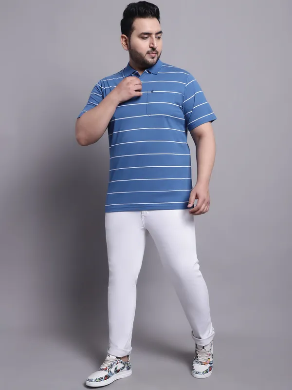 Men_Plus_Size_Striped_Polo_Neck_Cotton_Blue_T-Shirt_With_Pocket
