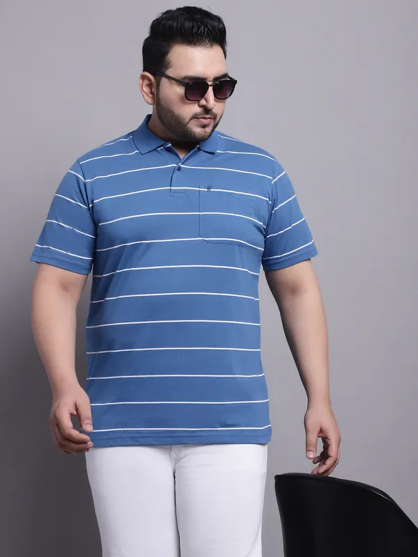Men_Plus_Size_Striped_Polo_Neck_Cotton_Blue_T-Shirt_With_Pocket