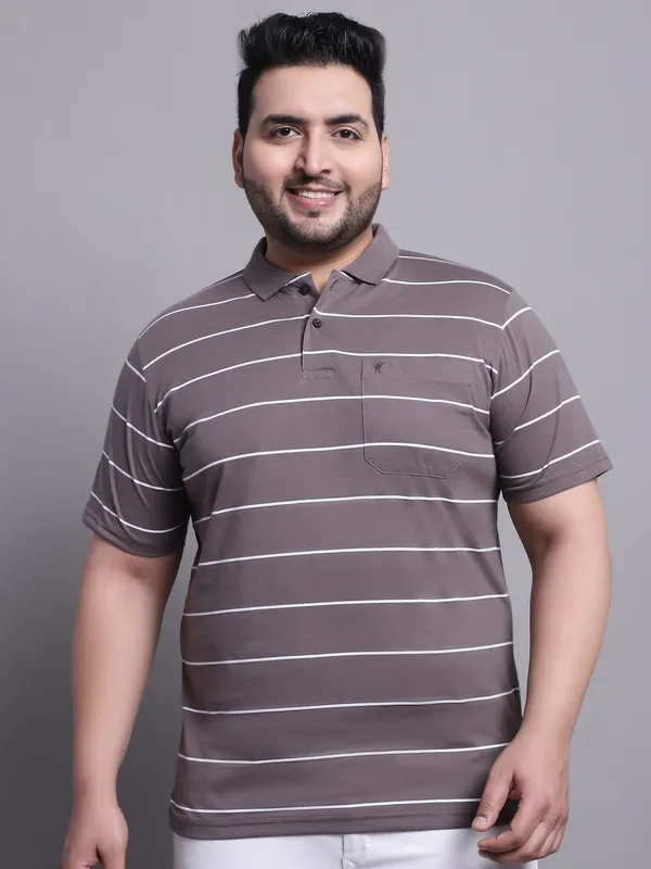 Men_Plus_Size_Striped_Polo_Neck_Cotton_Olive_T-Shirt_With_Pocket