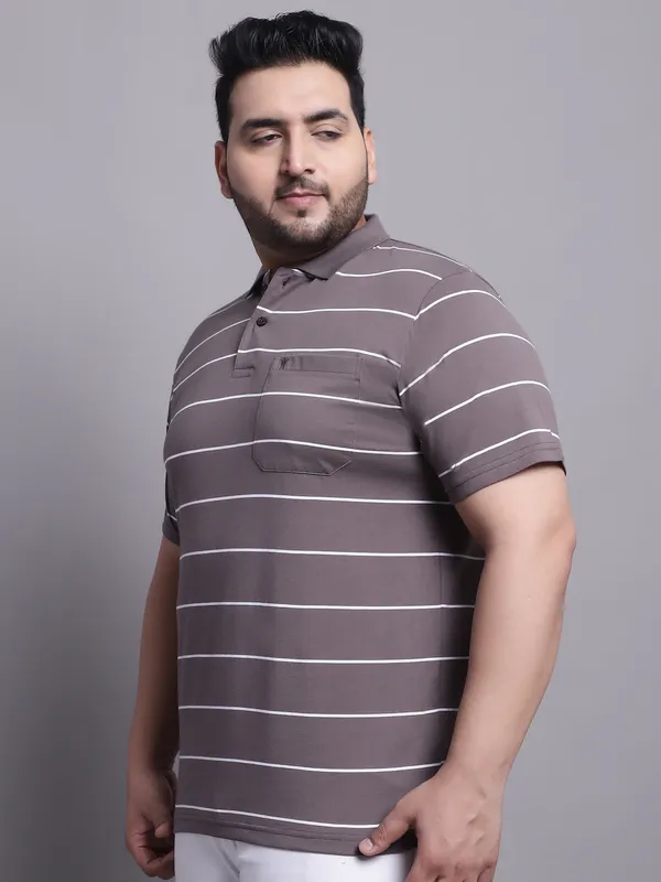 Men_Plus_Size_Striped_Polo_Neck_Cotton_Olive_T-Shirt_With_Pocket
