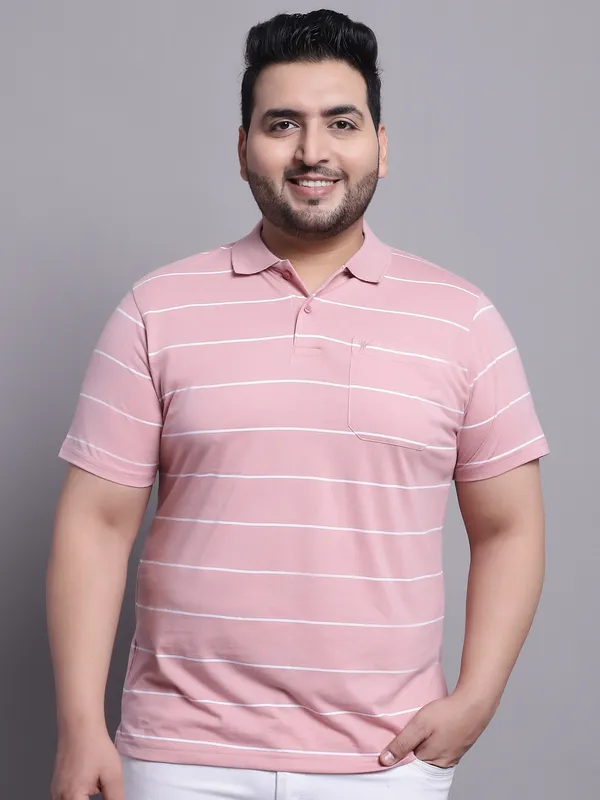 Men_Plus_Size_Striped_Polo_Neck_Cotton_Pink_T-Shirt_With_Pocket