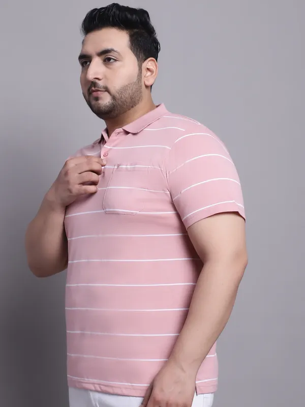 Men_Plus_Size_Striped_Polo_Neck_Cotton_Pink_T-Shirt_With_Pocket