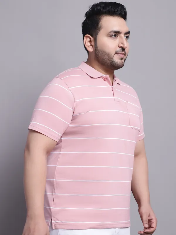Men_Plus_Size_Striped_Polo_Neck_Cotton_Pink_T-Shirt_With_Pocket