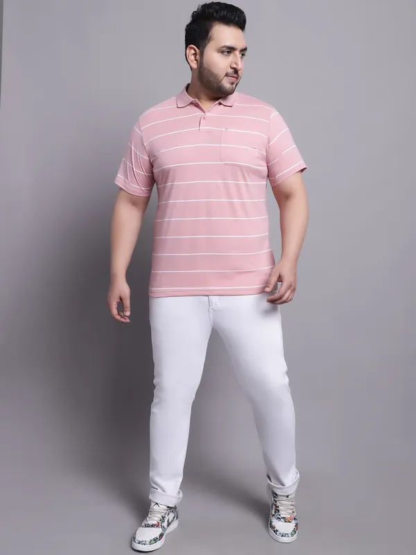 Men_Plus_Size_Striped_Polo_Neck_Cotton_Pink_T-Shirt_With_Pocket