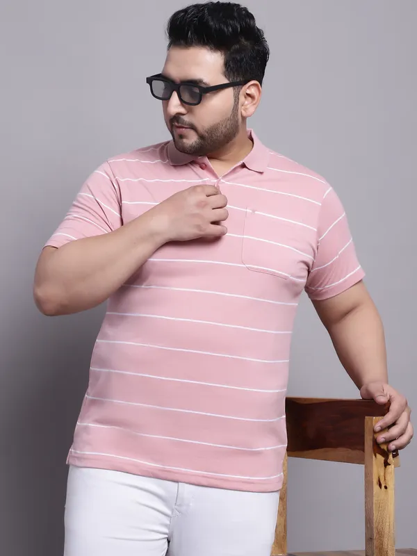 Men_Plus_Size_Striped_Polo_Neck_Cotton_Pink_T-Shirt_With_Pocket