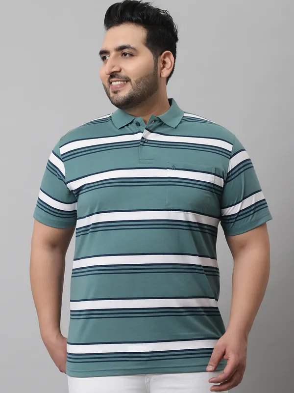 Men_Plus_Size_Striped_Cotton_Polo_Neck_Green_T-Shirt_With_Pocket
