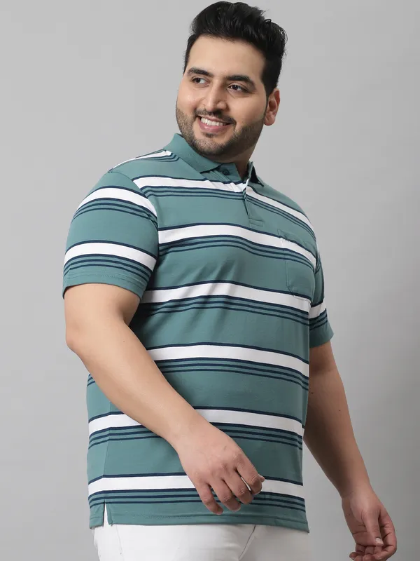 Men_Plus_Size_Striped_Cotton_Polo_Neck_Green_T-Shirt_With_Pocket
