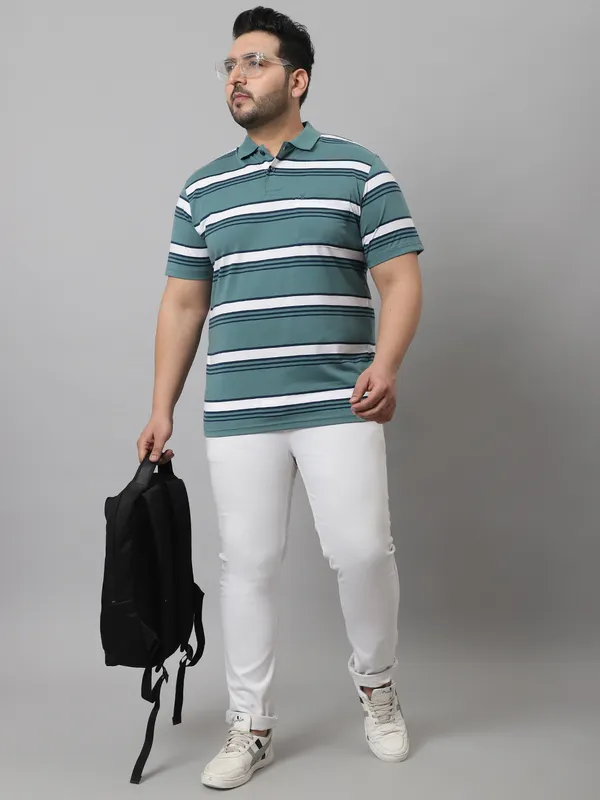 Men_Plus_Size_Striped_Cotton_Polo_Neck_Green_T-Shirt_With_Pocket