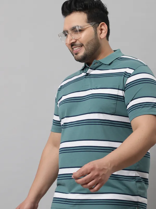 Men_Plus_Size_Striped_Cotton_Polo_Neck_Green_T-Shirt_With_Pocket