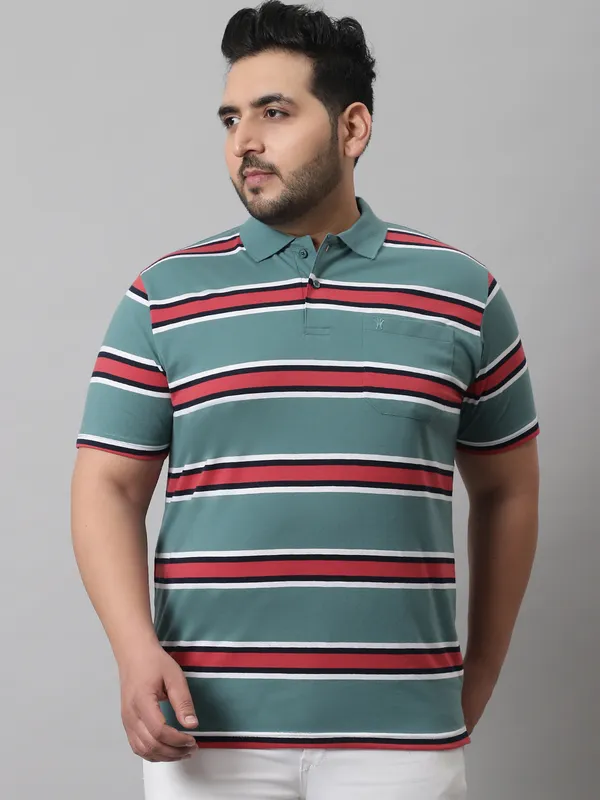 Men_Plus_Size_Striped_Cotton_Polo_Neck_Green_T-Shirt_With_Pocket