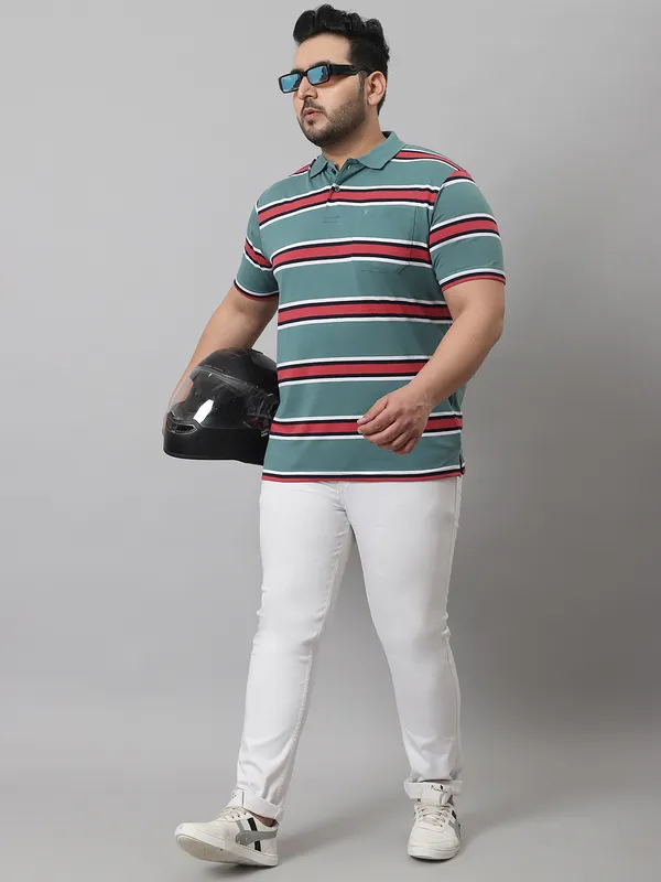 Men_Plus_Size_Striped_Cotton_Polo_Neck_Green_T-Shirt_With_Pocket