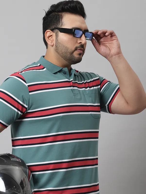 Men_Plus_Size_Striped_Cotton_Polo_Neck_Green_T-Shirt_With_Pocket