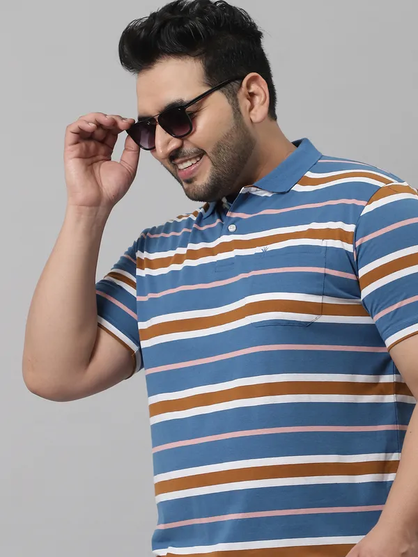 Men_Plus_Size_Striped_Cotton_Polo_Neck_Blue_T-Shirt_With_Pocket