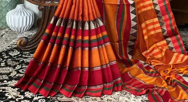 Redish_Yellow_Narayanapet_Cotton_Sarees_With_Running_Blouse_Piece
