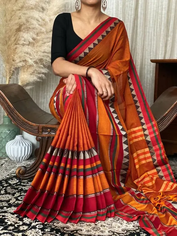 Redish_Yellow_Narayanapet_Cotton_Sarees_With_Running_Blouse_Piece