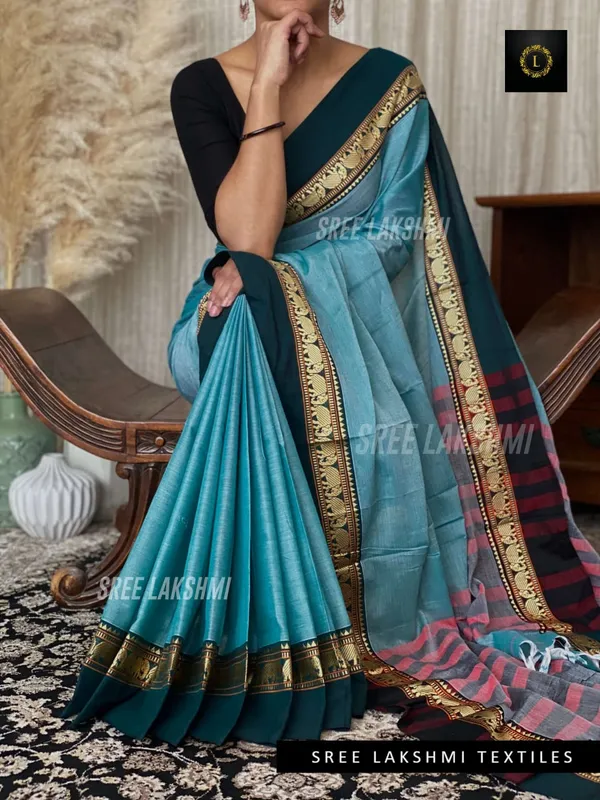 Sky_Blue_Narayanapet_Cotton_Sarees_With_Blouse_Piece