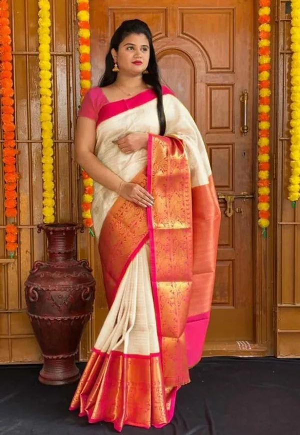 Buy online Banarasi Katan Silk Saree with zari woven Motif and Rich Pallu - Cream-AF1477