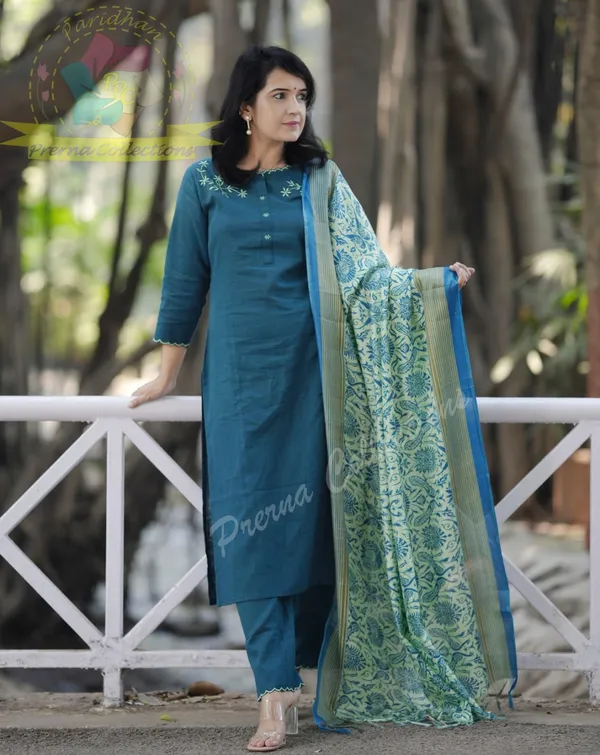 Urban India Turquoise Blue Khadi Cotton Embroidered Kurta and Pant Set with Khadi Silk Dupatta Price in India Buy Urban India Turquoise Blue Khadi Cotton Embroidered Kurta and Pant Set with