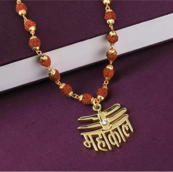Nj's_Mahakal_pendant_with_rudraksha_string_gold_brass_beat_crystal,_metal,_brass_pendant_set